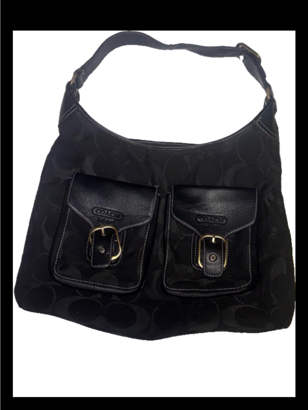 Coach Soho Large Signature Canvas Dual-Pocket Hobo Shoulder Bag Black READ